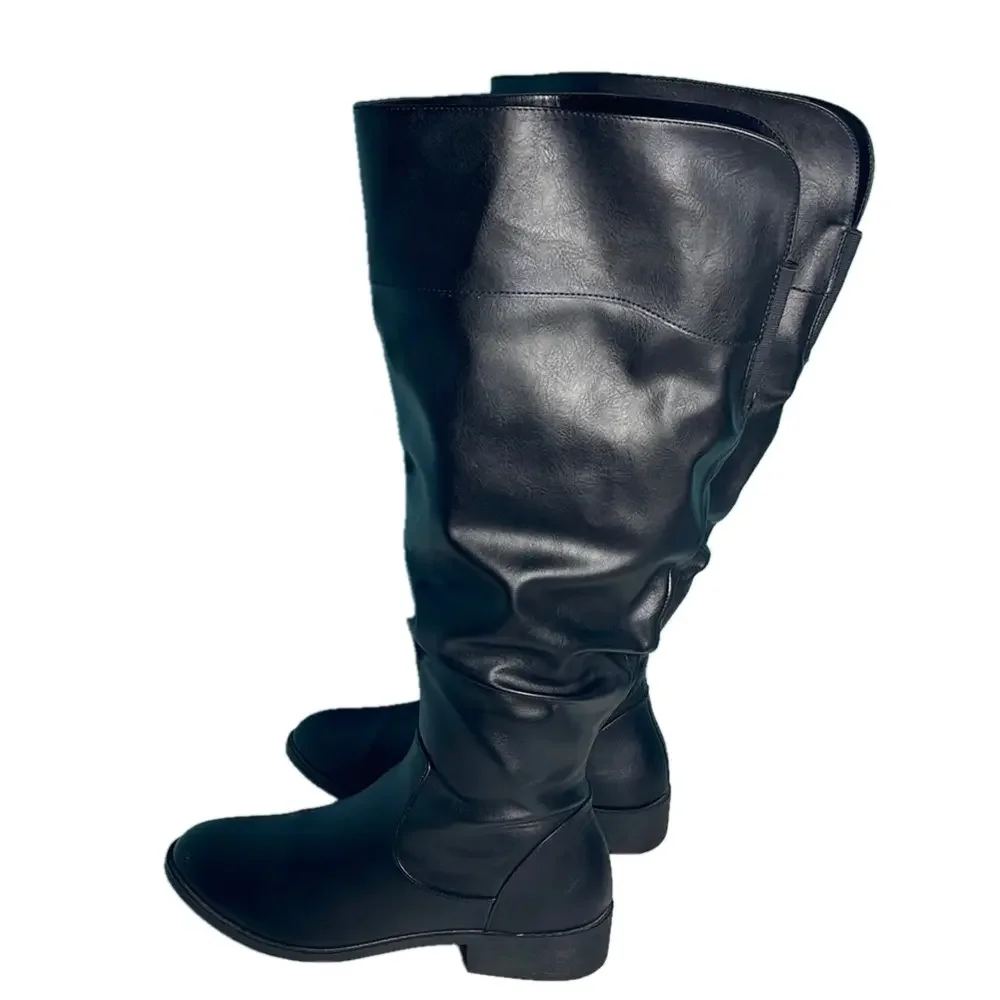 American Eagle Black Knee-High Riding Boots 8W Wide Zip Tall Low Heel Like New